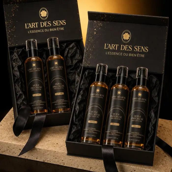 Le Coffret Découverte Huiles Précieuses : l'écrin noir ouvert, les soins du coffret sur leur papier de soie
