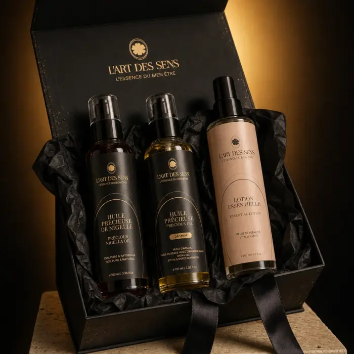 Coffret Éclat & Cheveux : l'écrin noir ouvert, les soins du coffret sur leur papier de soie