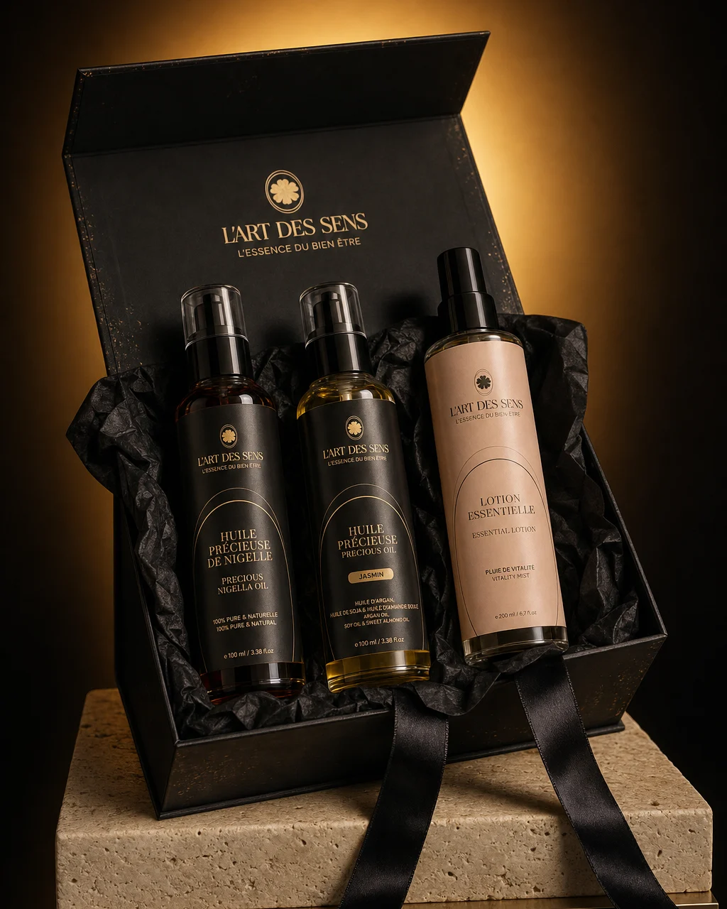 Coffret Éclat & Cheveux : l'écrin noir ouvert, les soins du coffret sur leur papier de soie