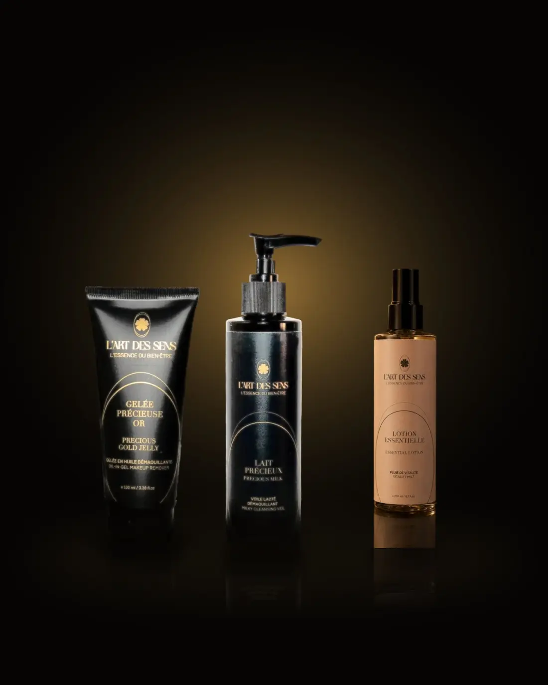 L'Éveil Éclat : Gelée Précieuse Or, Lait Précieux Démaquillant et Lotion Essentielle