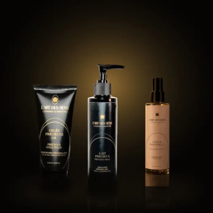 L'Éveil Éclat : Gelée Précieuse Or, Lait Précieux Démaquillant et Lotion Essentielle