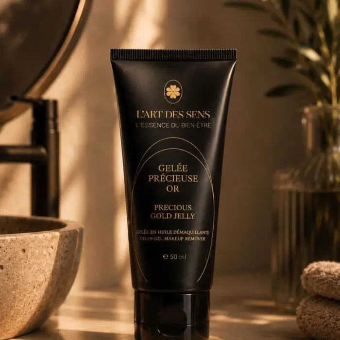 Gelée Précieuse Or L’Art des Sens — démaquillant huile-en-gel, mise en situation salle de bain
