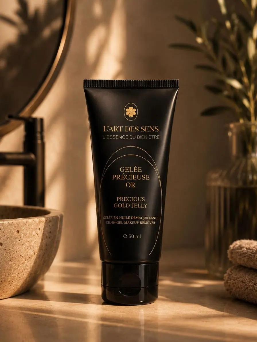 Gelée Précieuse Or L’Art des Sens — démaquillant huile-en-gel, mise en situation salle de bain