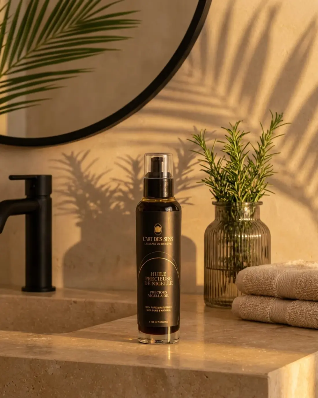 Huile Précieuse de Nigelle — ambiance salle de bain · L'Art des Sens