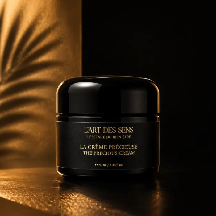 Crème Précieuse L’Art des Sens — pot 50 ml, photo studio noir et or
