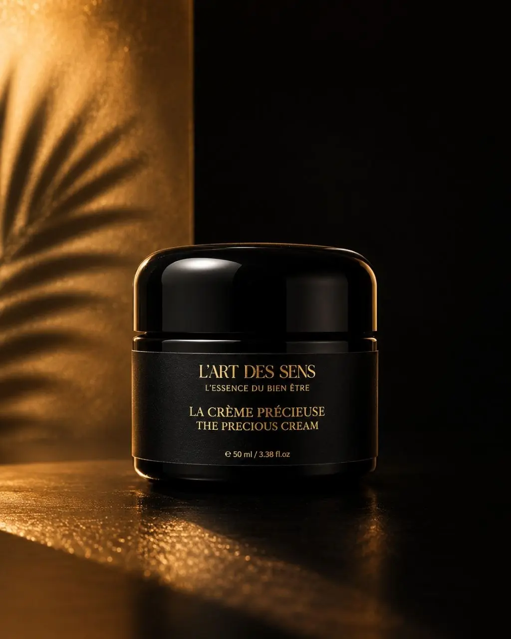 Crème Précieuse L’Art des Sens — pot 50 ml, photo studio noir et or