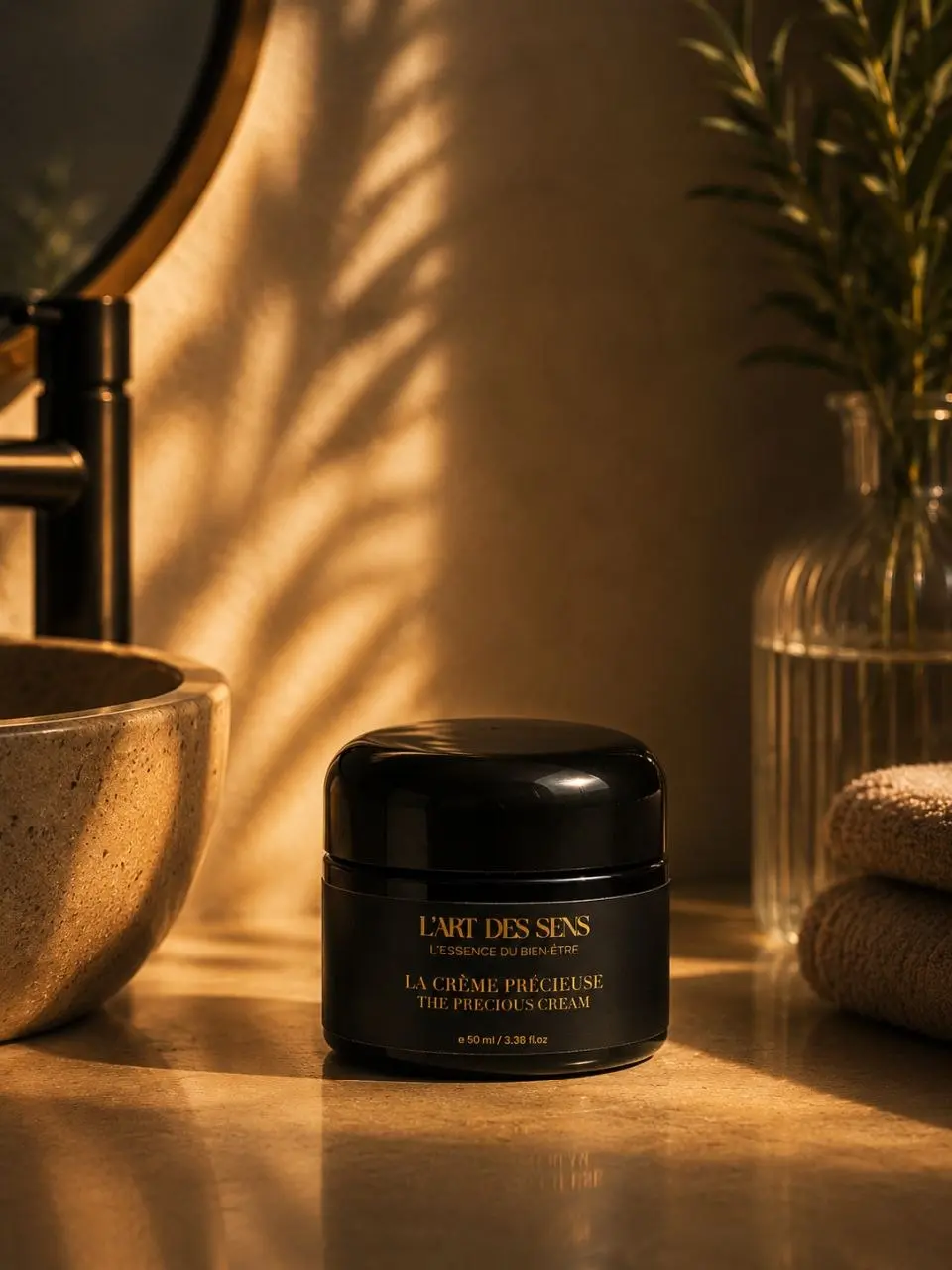 Crème Précieuse L’Art des Sens — mise en situation salle de bain