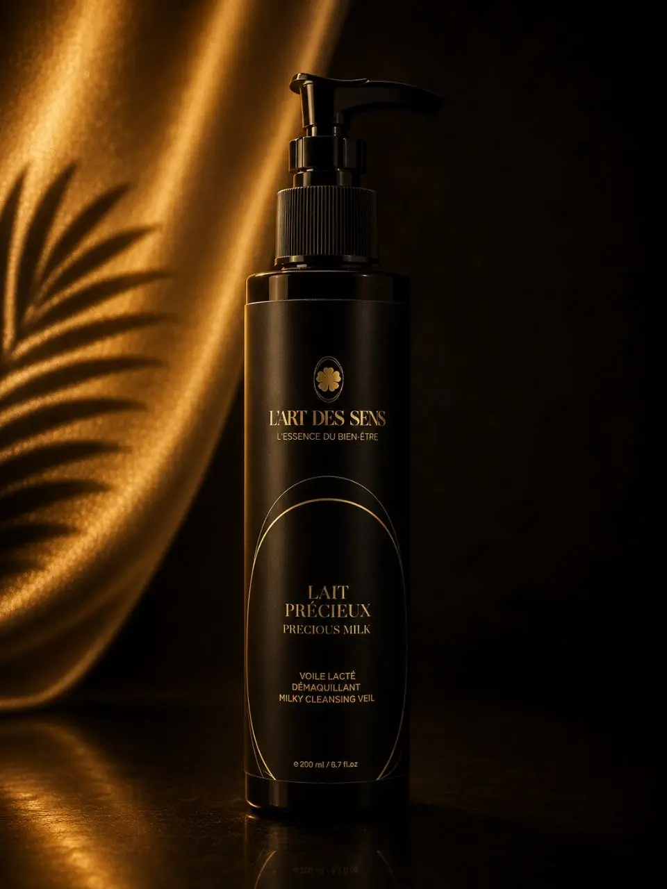 Lait Précieux Démaquillant L’Art des Sens — flacon pompe 200 ml, photo studio