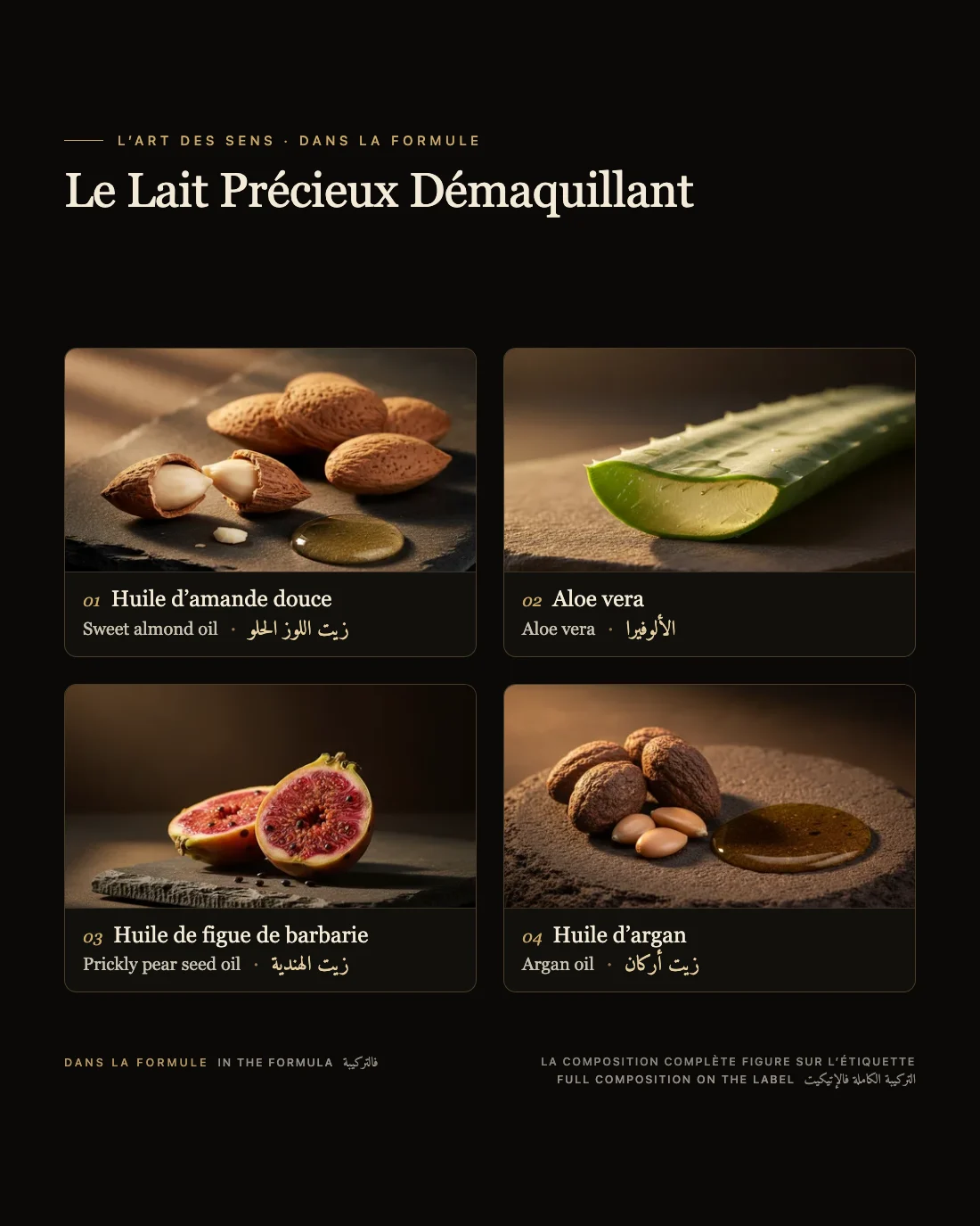Le Lait Précieux Démaquillant : les actifs de la formule, en français, anglais et darija