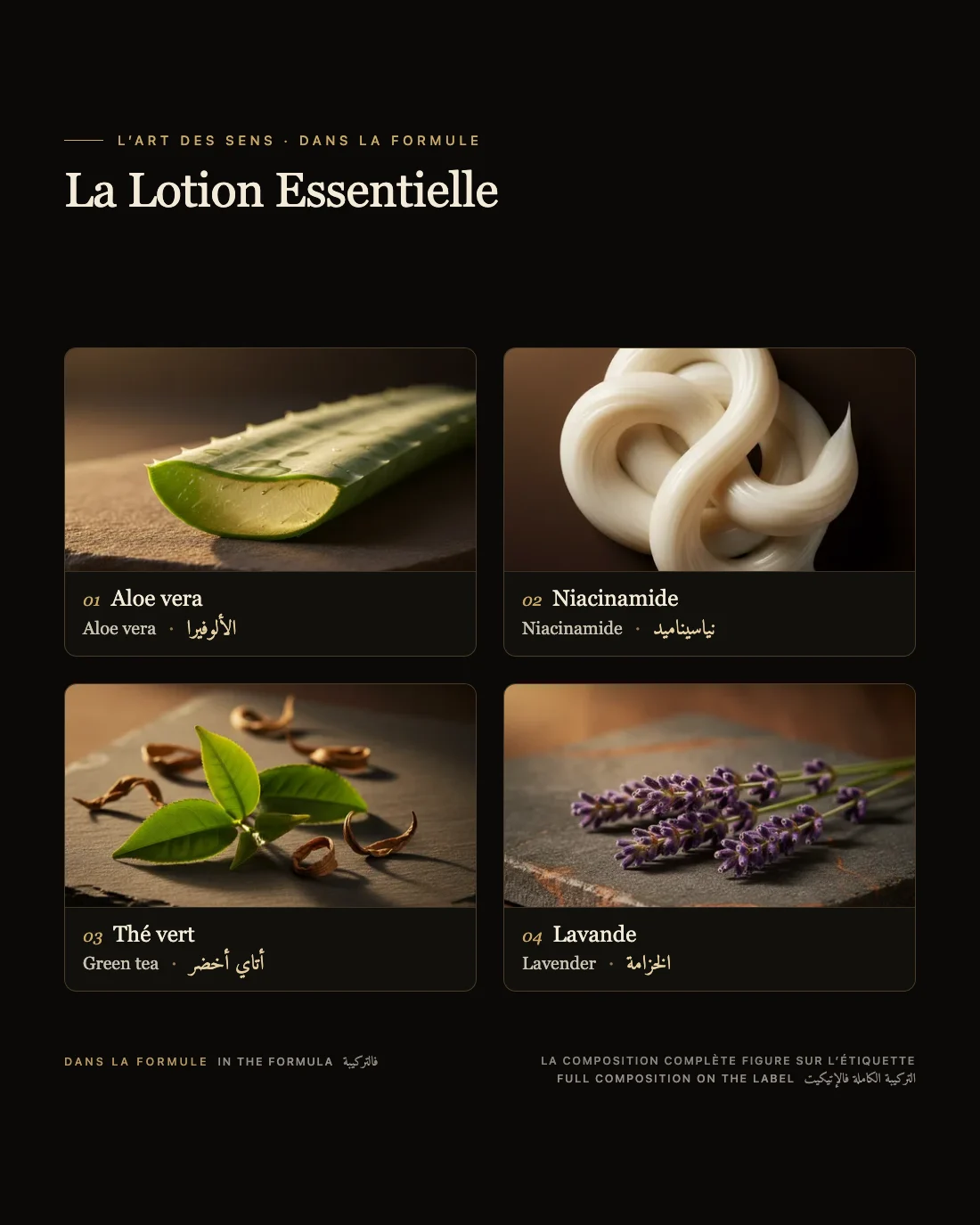 La Lotion Essentielle : les actifs de la formule, en français, anglais et darija