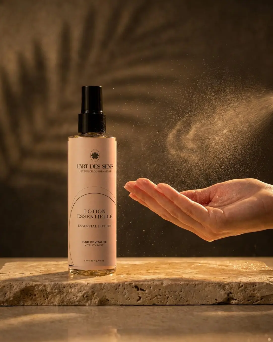 La Lotion Essentielle L’Art des Sens — brume de vitalité vaporisée sur la main, lumière dorée