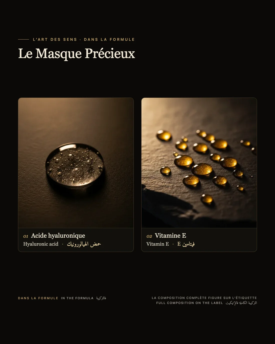 Le Masque Précieux : les actifs de la formule, en français, anglais et darija