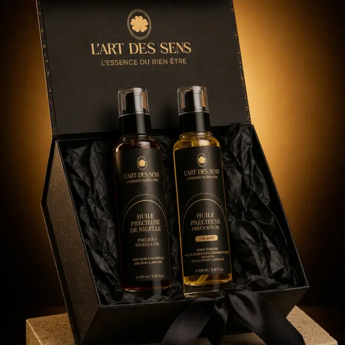 Rituel Cheveux Fortifiés : l'écrin noir ouvert, les soins du coffret sur leur papier de soie