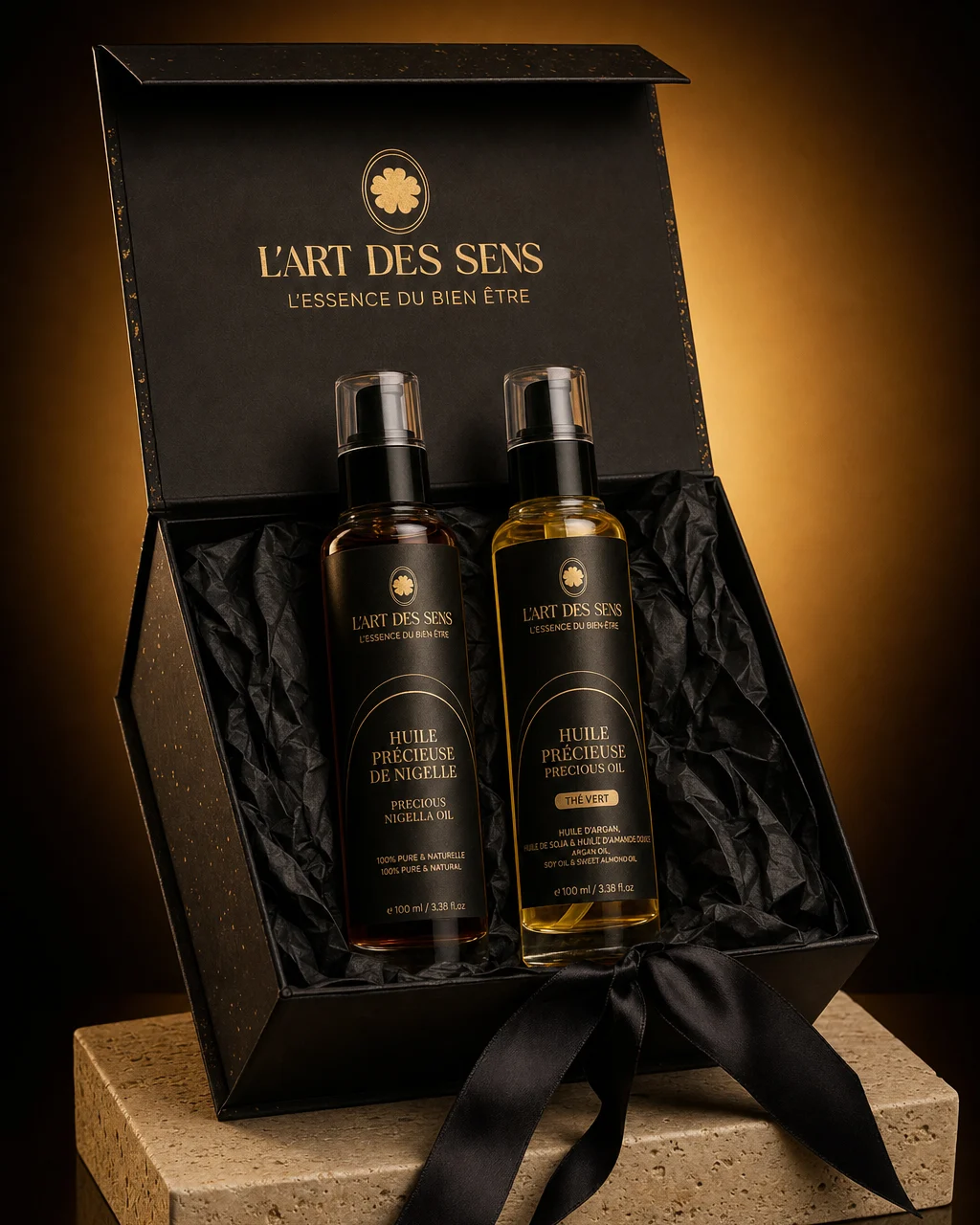 Rituel Cheveux Fortifiés : l'écrin noir ouvert, les soins du coffret sur leur papier de soie
